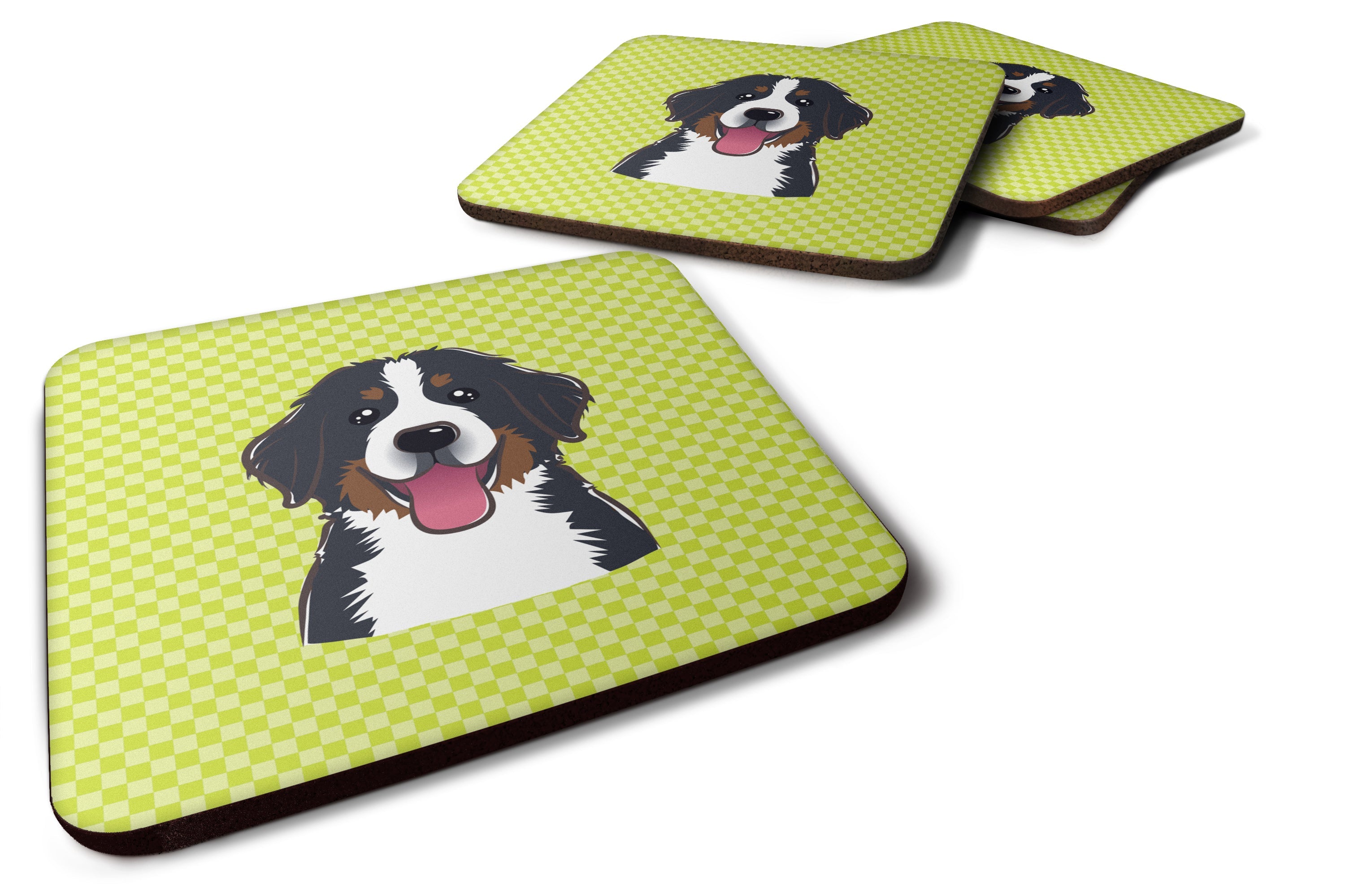 Checkerboard Lime Green Bernese Mountain Dog Foam Coasters Set of 4 Cup Coasters for Indoor Outdoor, Tabletop Protection, Anti Slip, Mouse pad Material