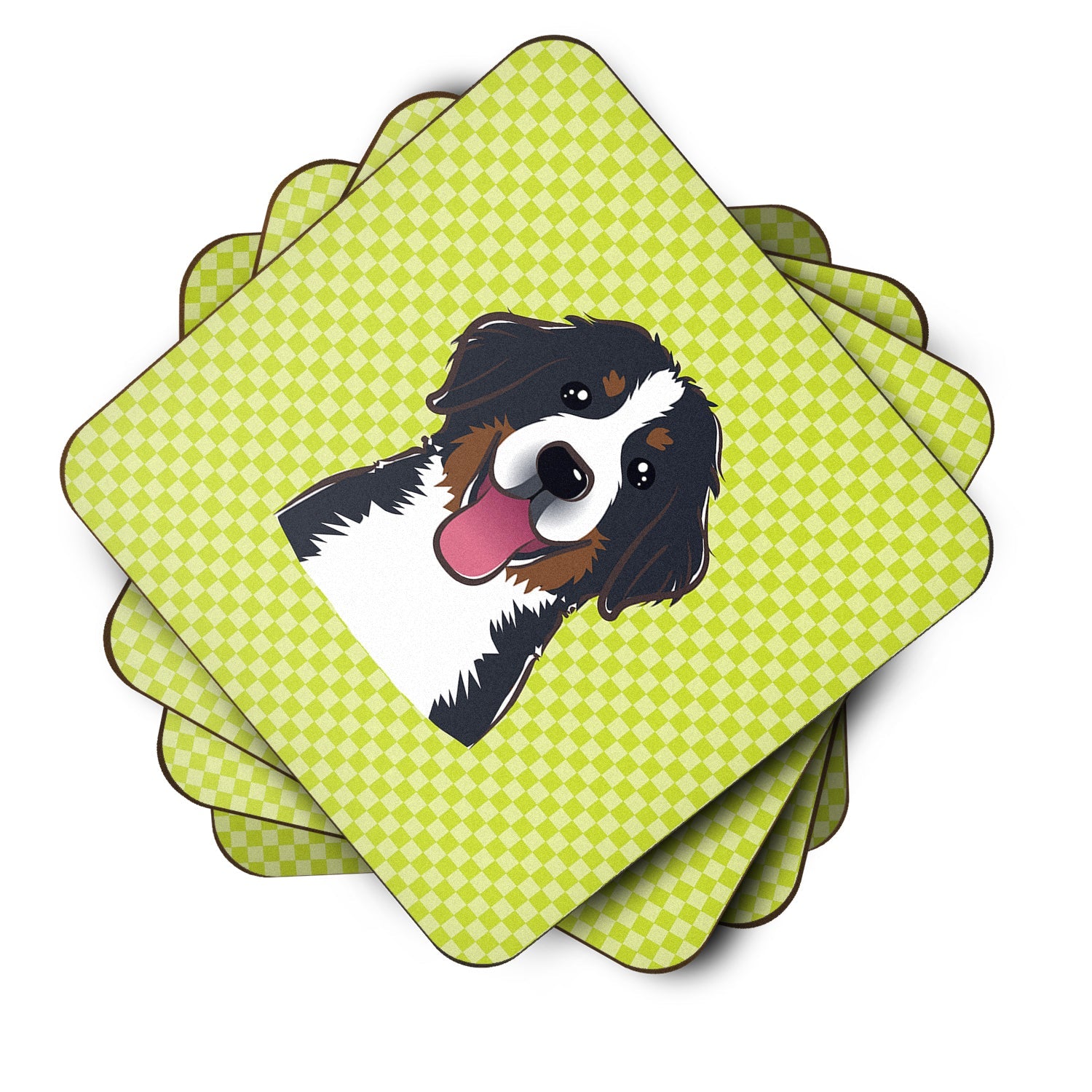 Checkerboard Lime Green Bernese Mountain Dog Foam Coasters Set of 4 Cup Coasters for Indoor Outdoor, Tabletop Protection, Anti Slip, Mouse pad Material
