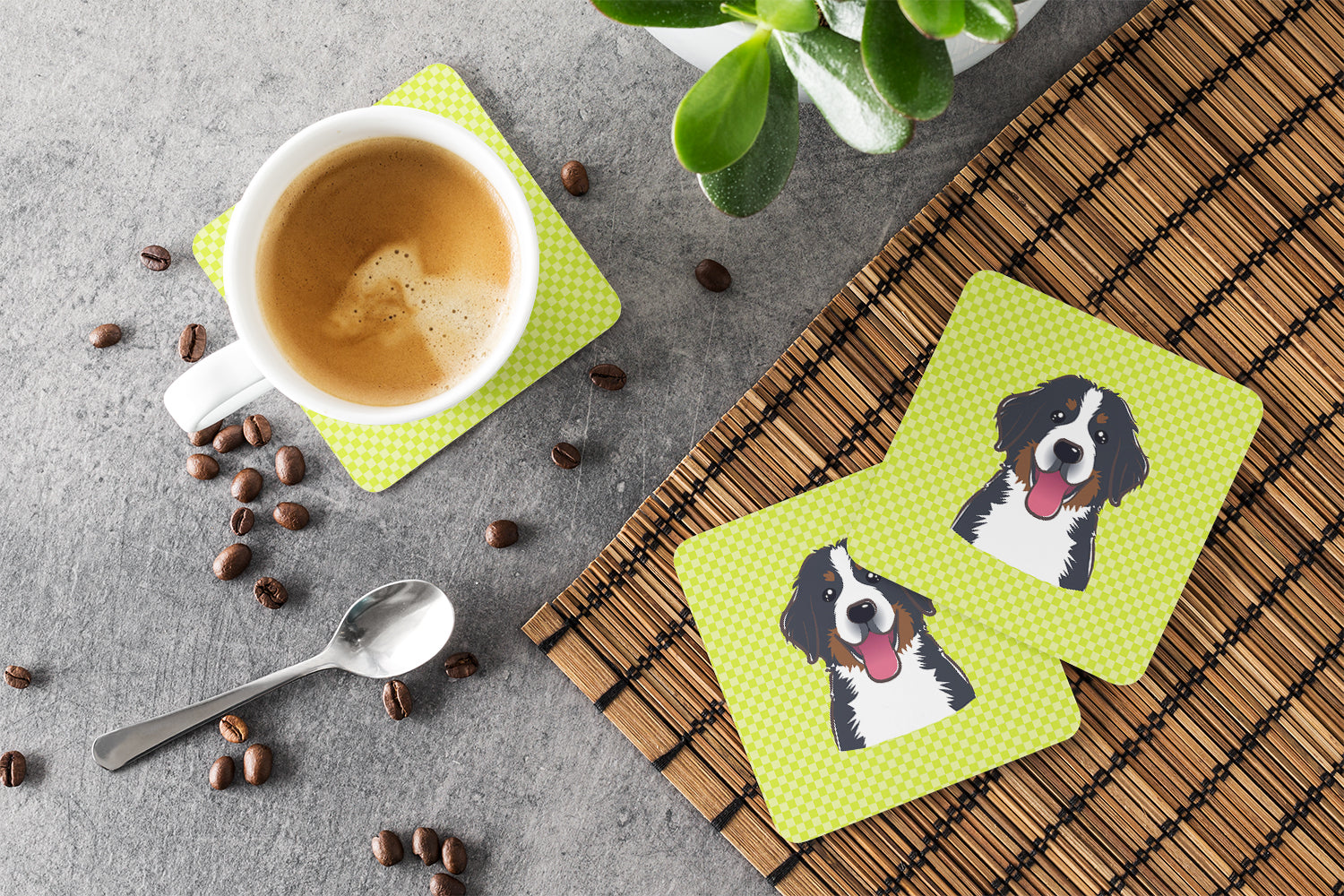 Checkerboard Lime Green Bernese Mountain Dog Foam Coasters Set of 4 Cup Coasters for Indoor Outdoor, Tabletop Protection, Anti Slip, Mouse pad Material