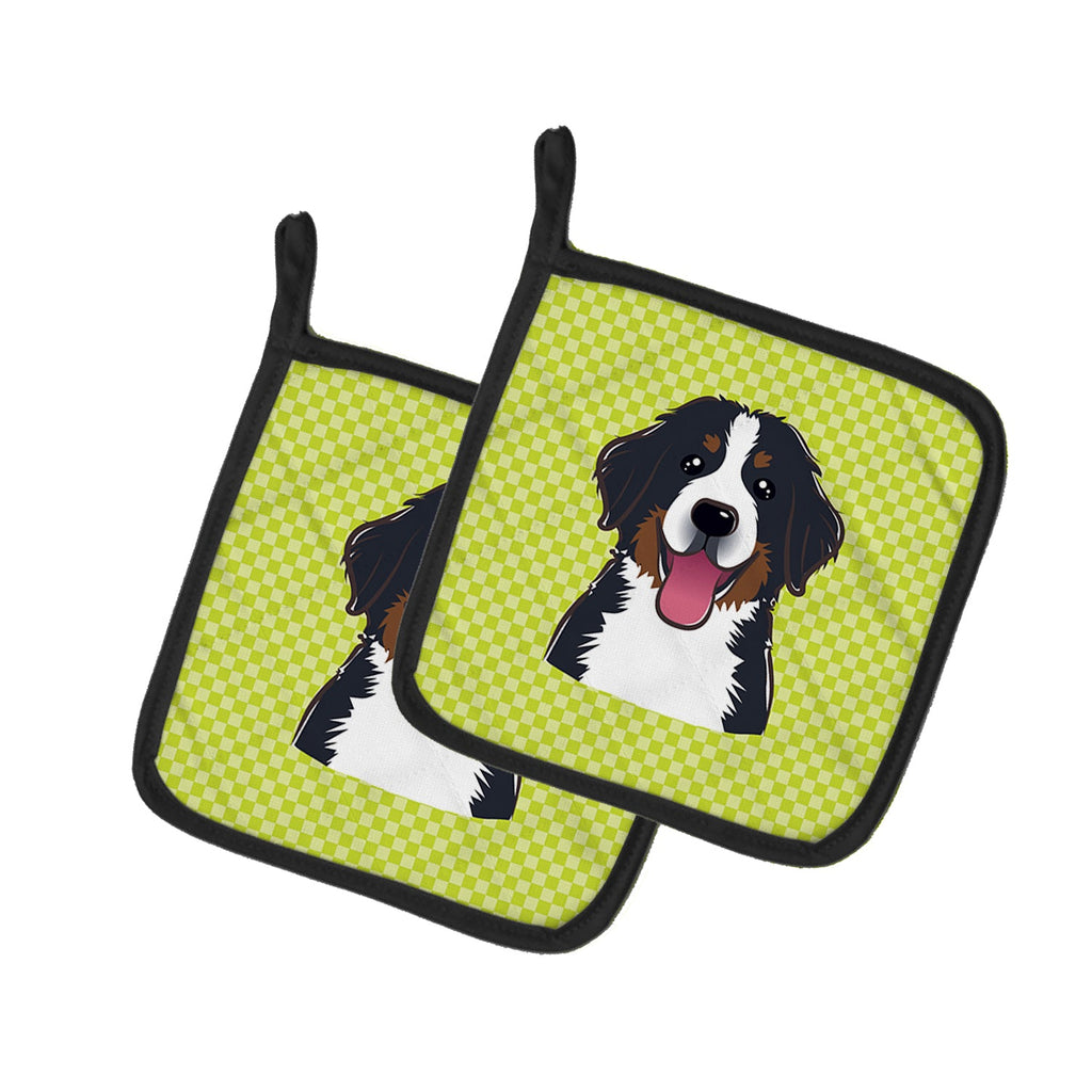 Checkerboard Lime Green Bernese Mountain Dog Pot Holder Set of 2 Heat Resistant Quilted Hot Pads 7.5 x 7.5 Inch, Insulated Kitchen Trivets for Cooking & Baking