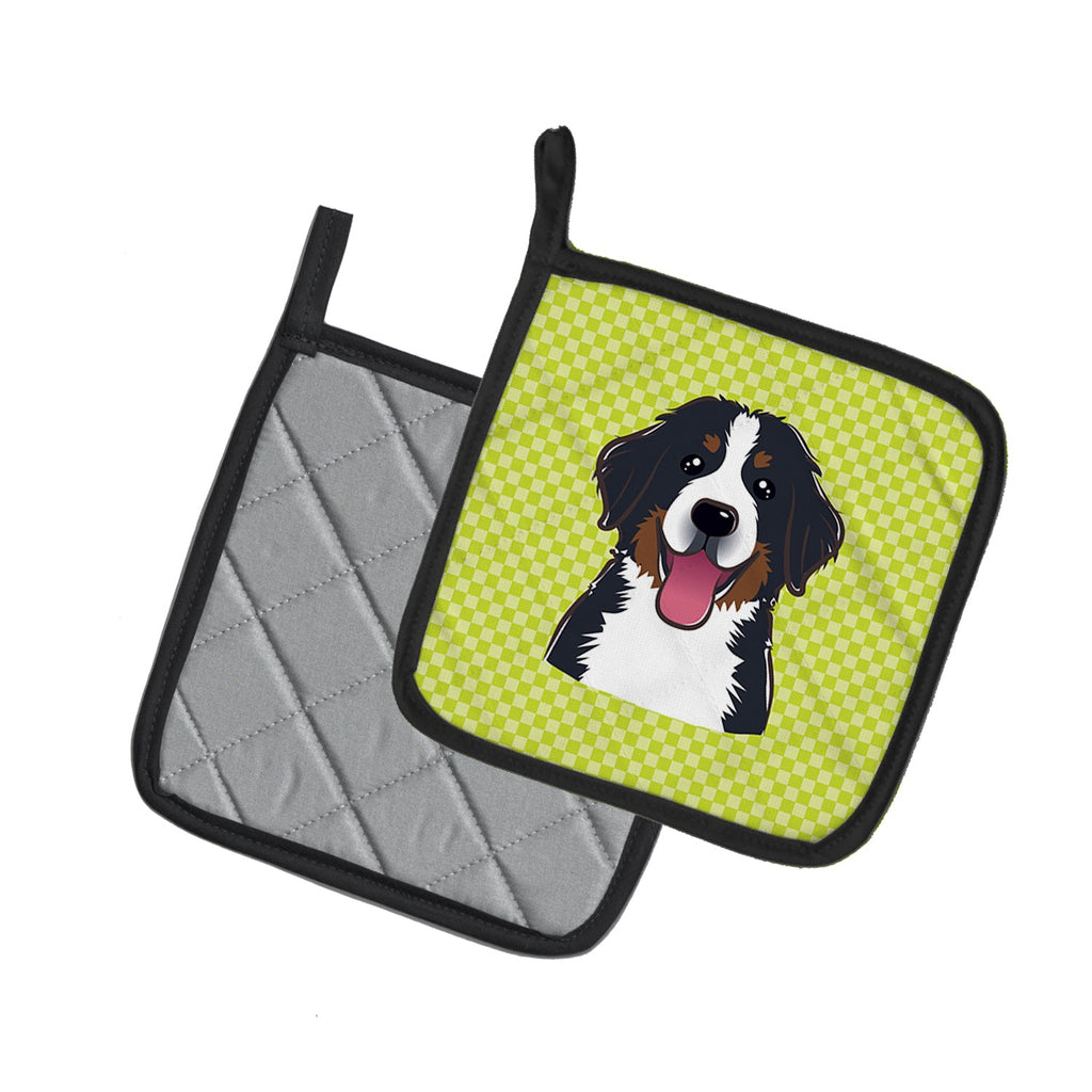 Checkerboard Lime Green Bernese Mountain Dog Pot Holder Set of 2 Heat Resistant Quilted Hot Pads 7.5 x 7.5 Inch, Insulated Kitchen Trivets for Cooking & Baking
