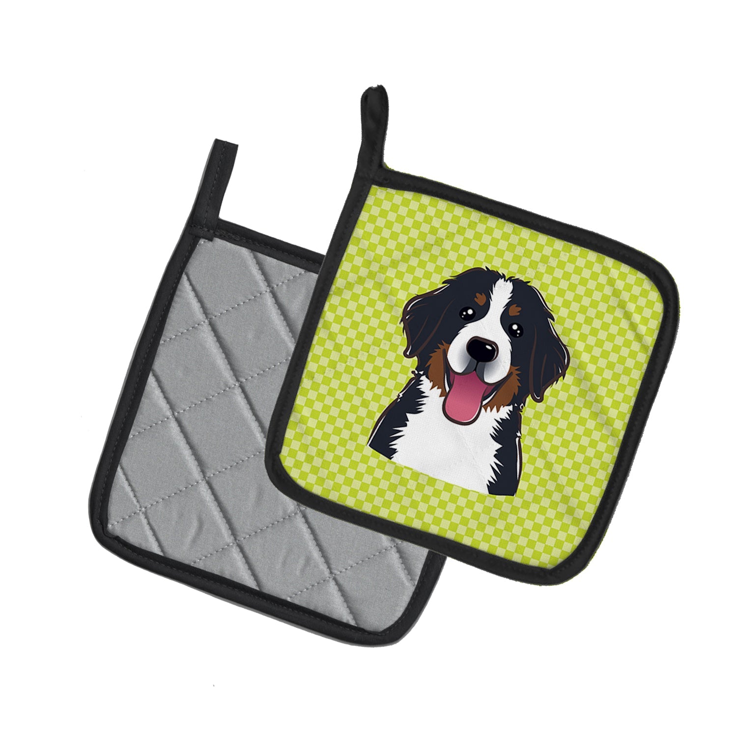 Checkerboard Lime Green Bernese Mountain Dog Pot Holder Set of 2 Heat Resistant Quilted Hot Pads 7.5 x 7.5 Inch, Insulated Kitchen Trivets for Cooking & Baking