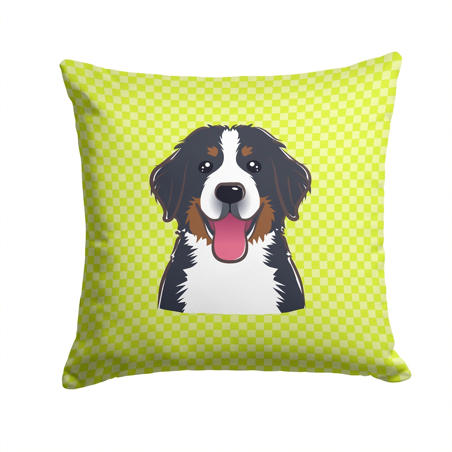 Checkerboard Lime Green Bernese Mountain Dog Decorative Throw Pillow 14x14 Indoor Outdoor Accent Cushion, Fabric Cover with Insert for Sofa, Bed, Porch & Living Room