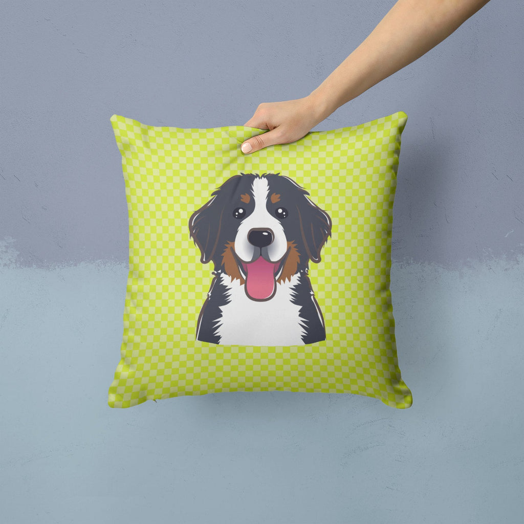 Checkerboard Lime Green Bernese Mountain Dog Decorative Throw Pillow 14x14 Indoor Outdoor Accent Cushion, Fabric Cover with Insert for Sofa, Bed, Porch & Living Room