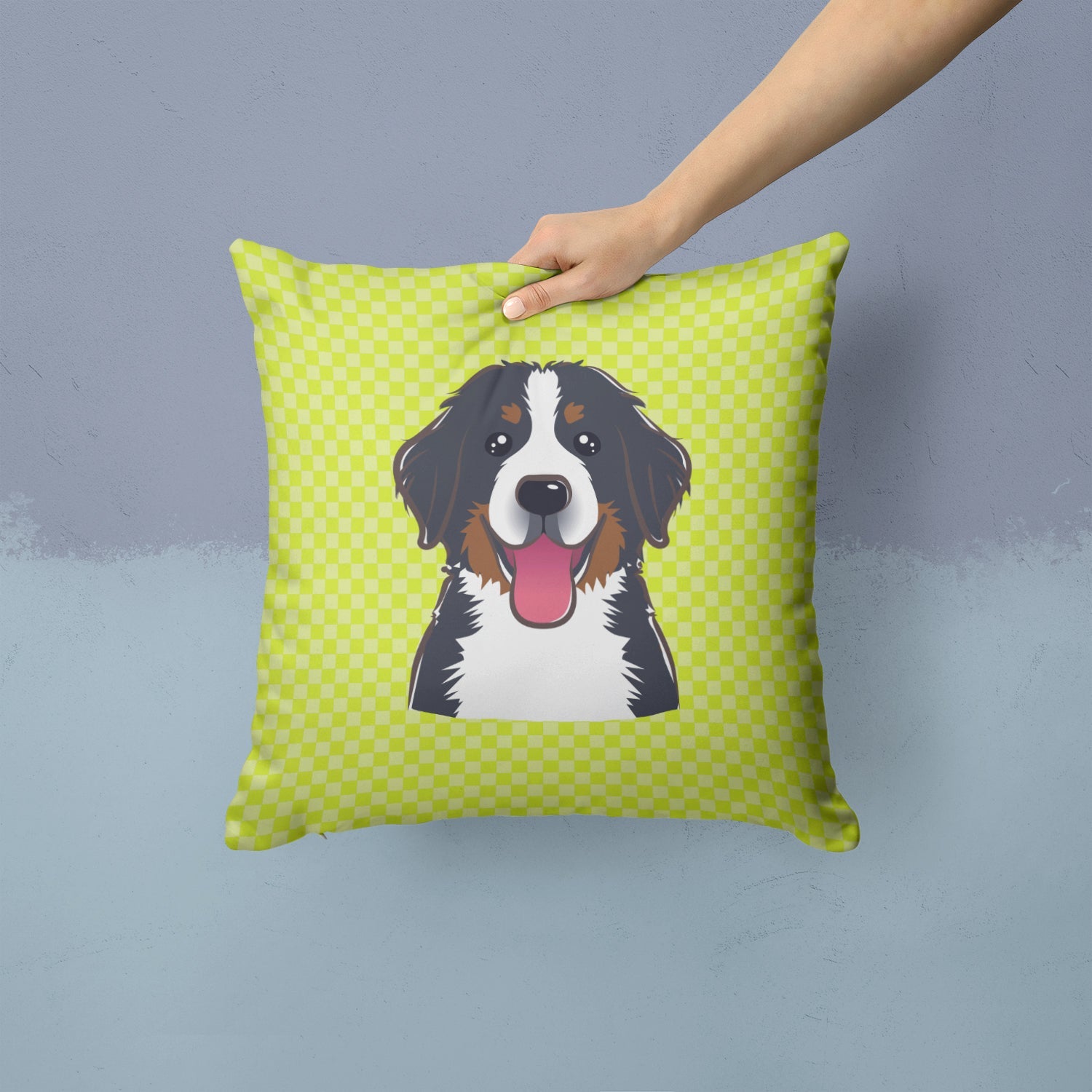 Checkerboard Lime Green Bernese Mountain Dog Decorative Throw Pillow 14x14 Indoor Outdoor Accent Cushion, Fabric Cover with Insert for Sofa, Bed, Porch & Living Room