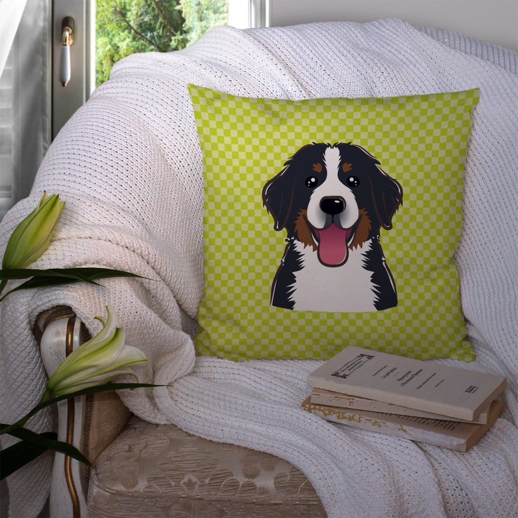 Checkerboard Lime Green Bernese Mountain Dog Decorative Throw Pillow 14x14 Indoor Outdoor Accent Cushion, Fabric Cover with Insert for Sofa, Bed, Porch & Living Room