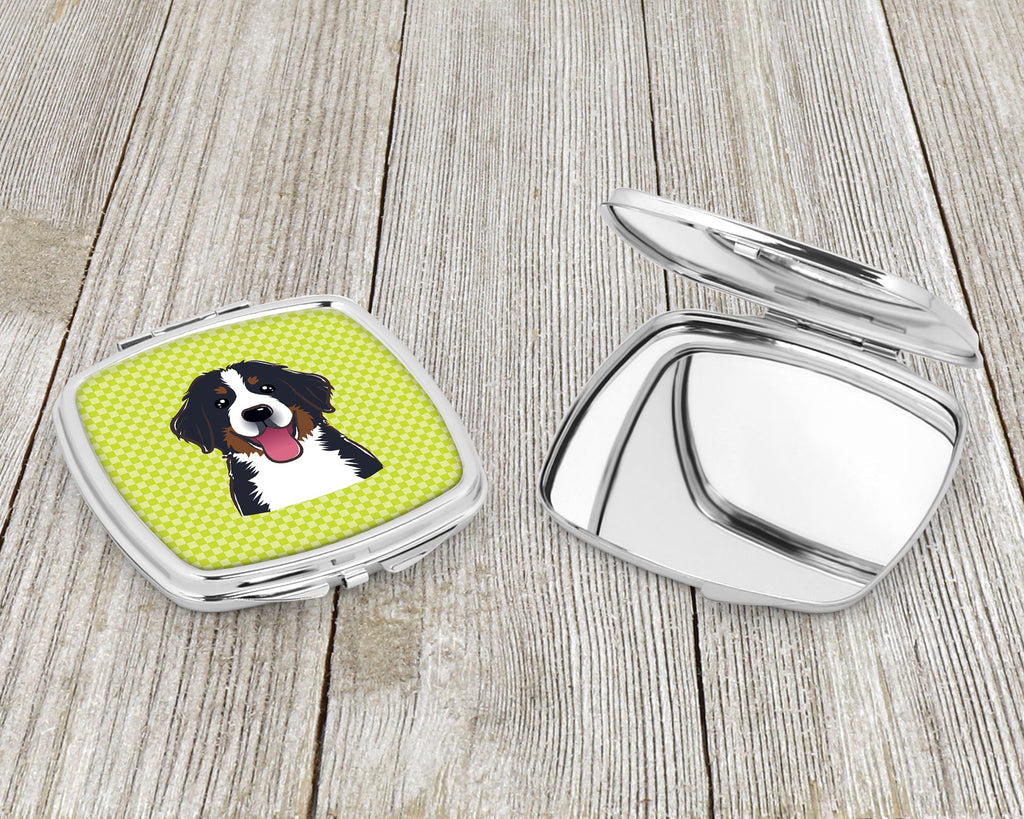 Checkerboard Lime Green Bernese Mountain Dog Compact Mirror Decorative Travel Makeup Mirror for Women Girls Gifts Pocket Makeup Mirror Folding Handheld