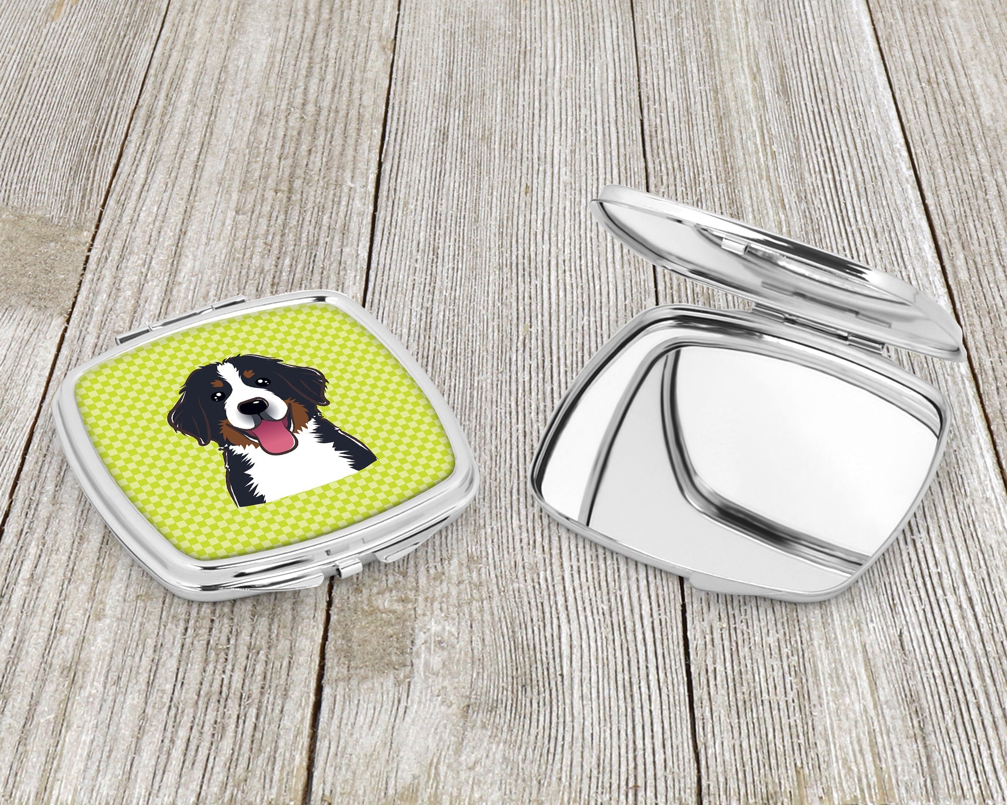 Checkerboard Lime Green Bernese Mountain Dog Compact Mirror Decorative Travel Makeup Mirror for Women Girls Gifts Pocket Makeup Mirror Folding Handheld