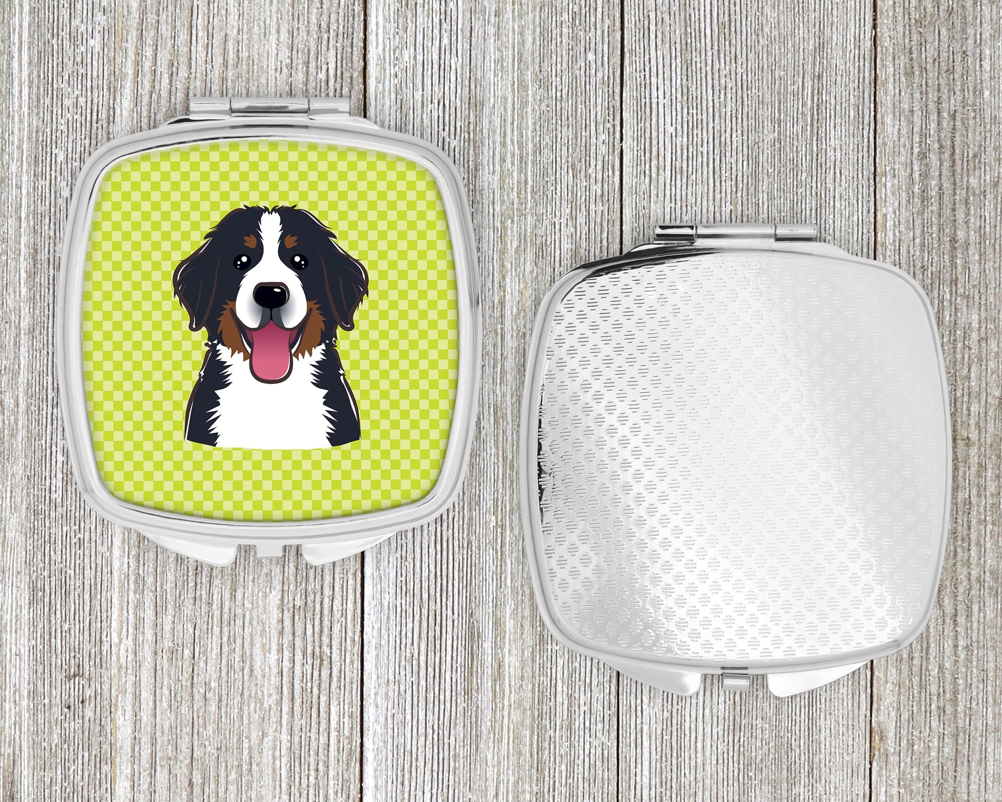 Checkerboard Lime Green Bernese Mountain Dog Compact Mirror Decorative Travel Makeup Mirror for Women Girls Gifts Pocket Makeup Mirror Folding Handheld