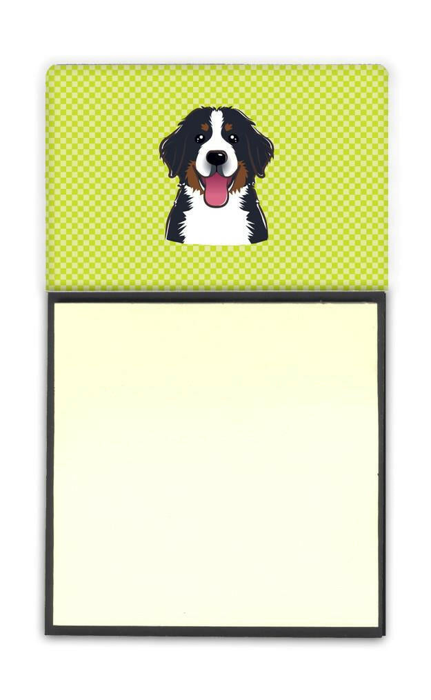Checkerboard Lime Green Bernese Mountain Dog Watercolor Sticky Note Holder Refillable Dispenser Desk Accessory 3x3 Pad Gift