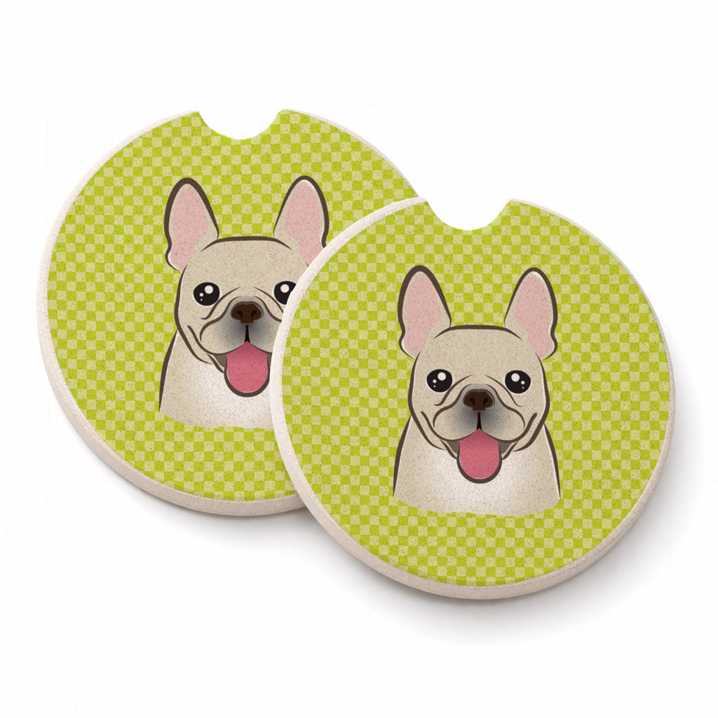 Checkerboard Lime Green French Bulldog Set of 2 Cup Holder Car Coasters Absorbent Round Sandstone Coasters Gifts for Men or Women, 2.5, Multicolor