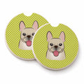 Checkerboard Lime Green French Bulldog Set of 2 Cup Holder Car Coasters Absorbent Round Sandstone Coasters Gifts for Men or Women, 2.5, Multicolor