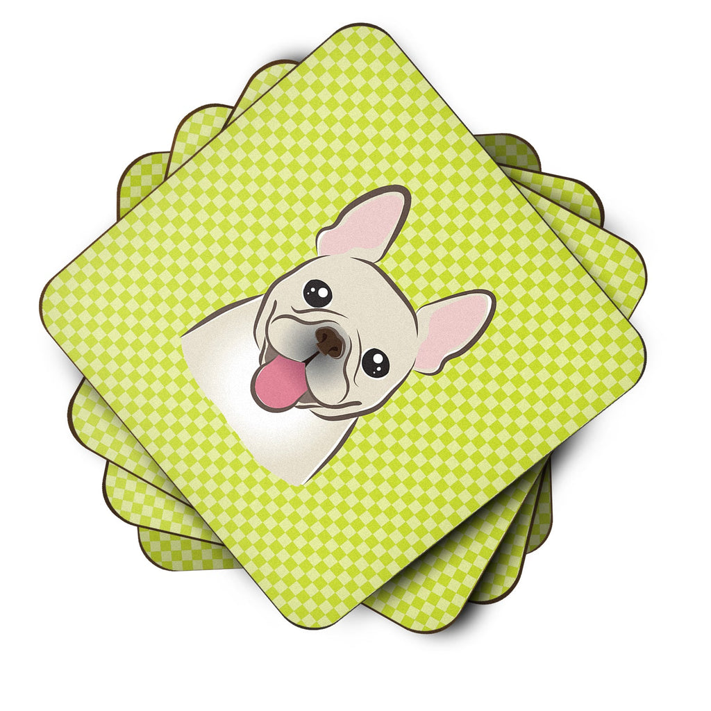 Checkerboard Lime Green French Bulldog Foam Coasters Set of 4 Cup Coasters for Indoor Outdoor, Tabletop Protection, Anti Slip, Mouse pad Material