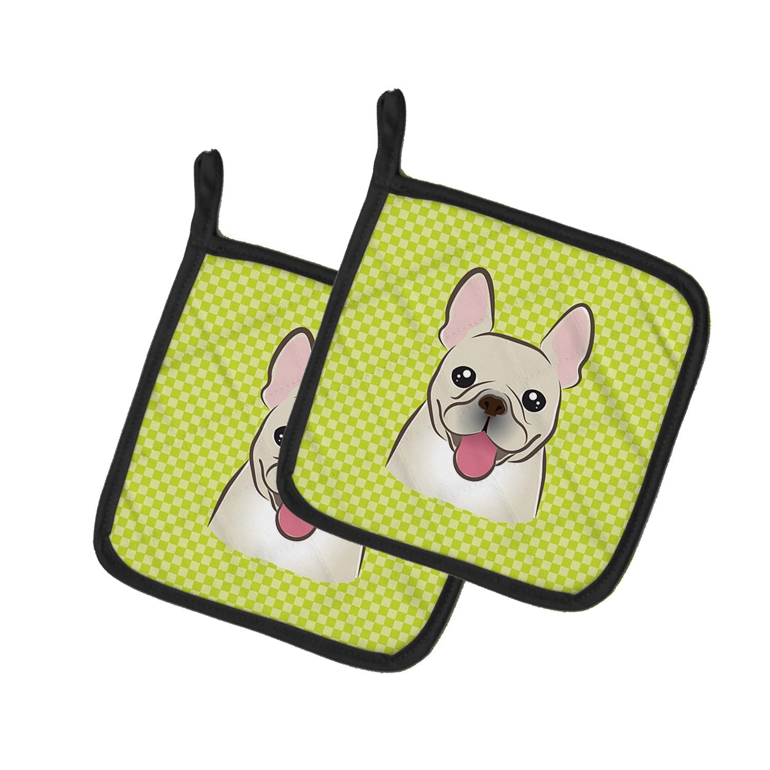 Checkerboard Lime Green French Bulldog Pot Holder Set of 2 Heat Resistant Quilted Hot Pads 7.5 x 7.5 Inch, Insulated Kitchen Trivets for Cooking & Baking