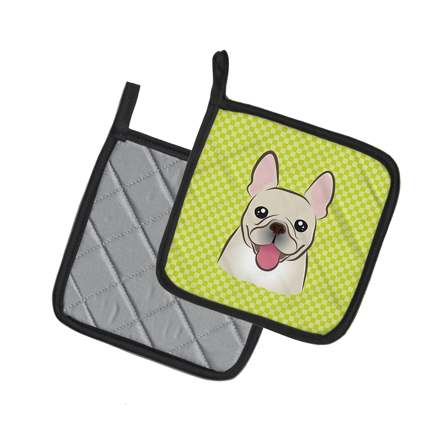 Checkerboard Lime Green French Bulldog Pot Holder Set of 2 Heat Resistant Quilted Hot Pads 7.5 x 7.5 Inch, Insulated Kitchen Trivets for Cooking & Baking