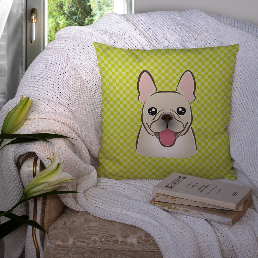 Checkerboard Lime Green French Bulldog Decorative Throw Pillow 14x14 Indoor Outdoor Accent Cushion, Fabric Cover with Insert for Sofa, Bed, Porch & Living Room