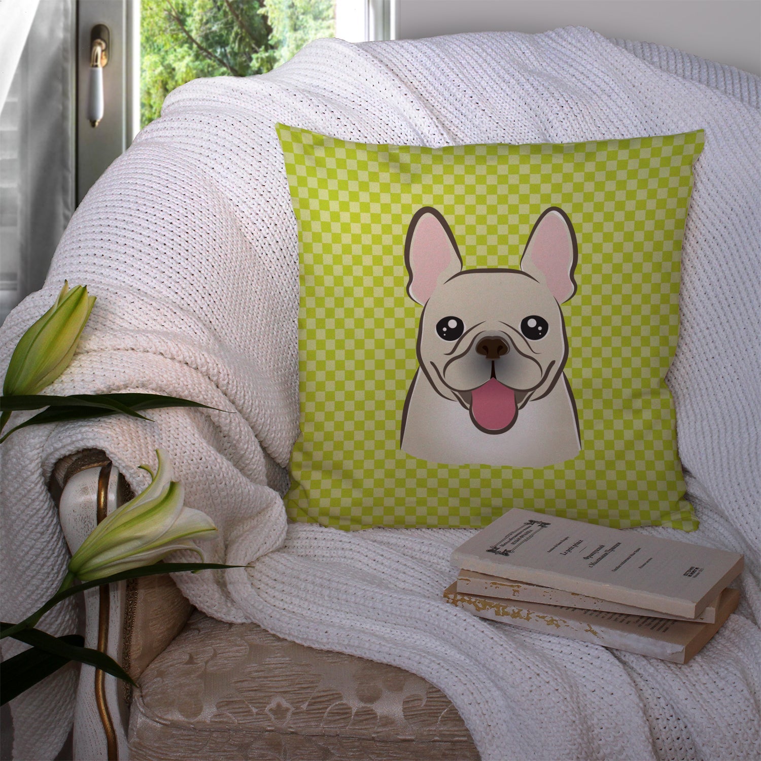 Checkerboard Lime Green French Bulldog Decorative Throw Pillow 14x14 Indoor Outdoor Accent Cushion, Fabric Cover with Insert for Sofa, Bed, Porch & Living Room