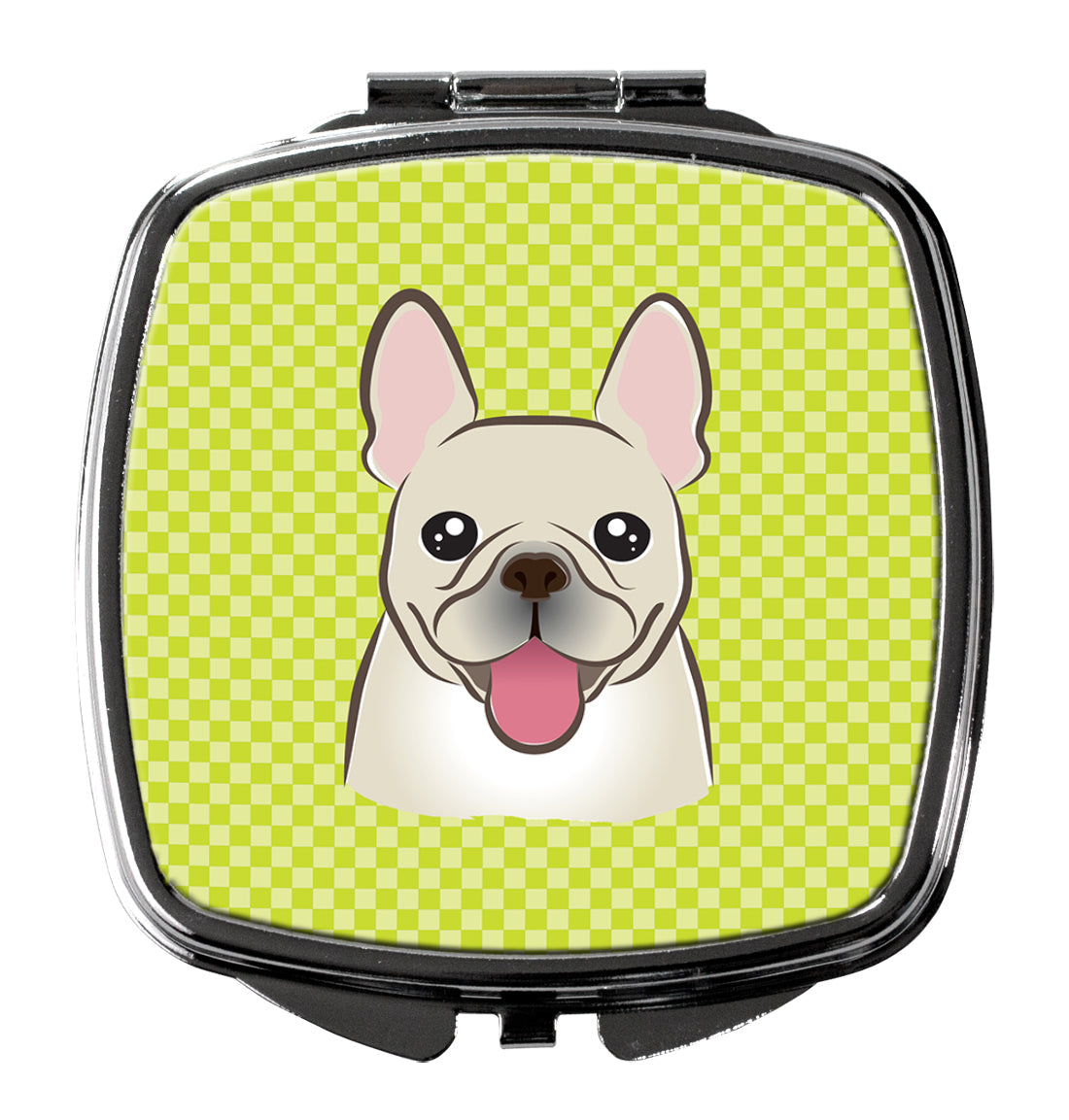 Checkerboard Lime Green French Bulldog Compact Mirror Decorative Travel Makeup Mirror for Women Girls Gifts Pocket Makeup Mirror Folding Handheld