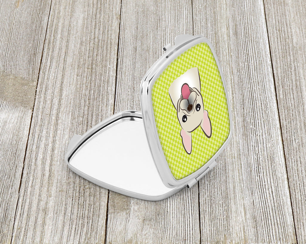 Checkerboard Lime Green French Bulldog Compact Mirror Decorative Travel Makeup Mirror for Women Girls Gifts Pocket Makeup Mirror Folding Handheld