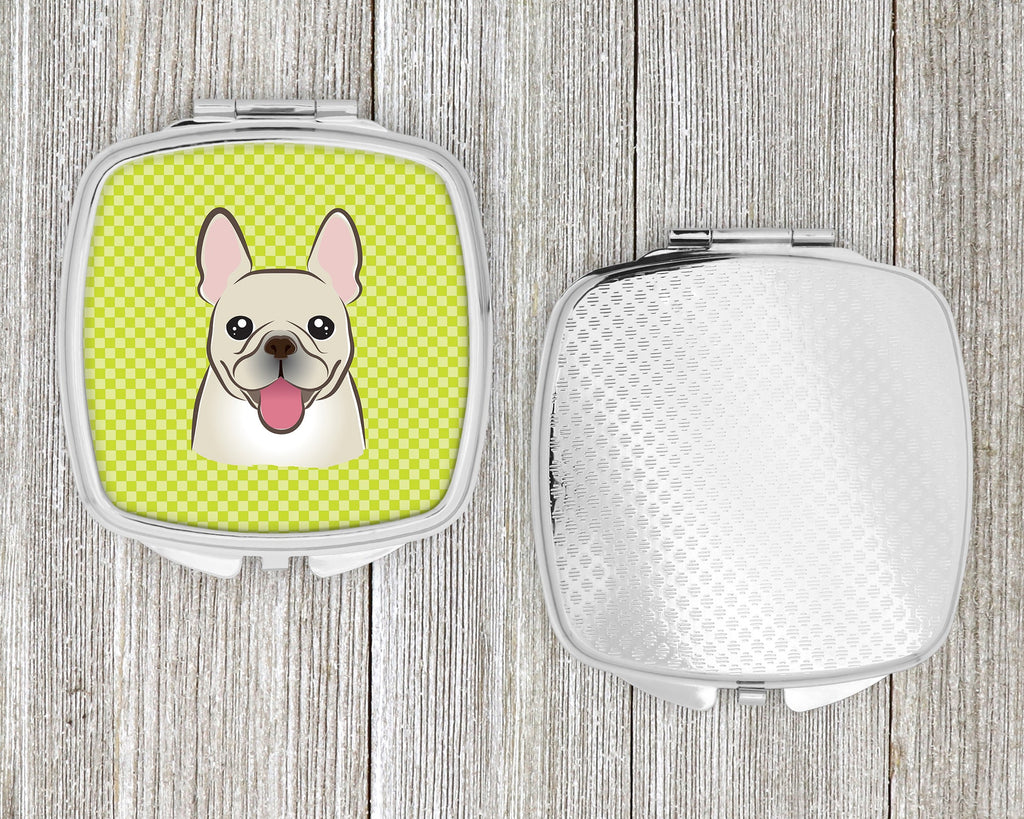Checkerboard Lime Green French Bulldog Compact Mirror Decorative Travel Makeup Mirror for Women Girls Gifts Pocket Makeup Mirror Folding Handheld