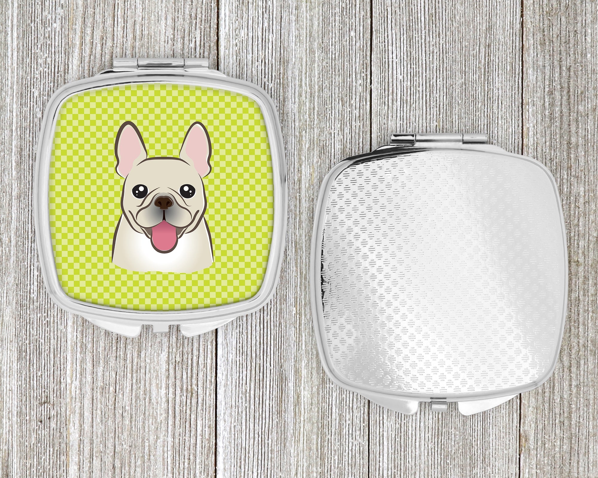 Checkerboard Lime Green French Bulldog Compact Mirror Decorative Travel Makeup Mirror for Women Girls Gifts Pocket Makeup Mirror Folding Handheld