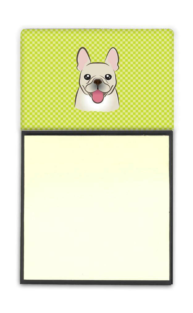 Checkerboard Lime Green French Bulldog Watercolor Sticky Note Holder Refillable Dispenser Desk Accessory 3x3 Pad Gift
