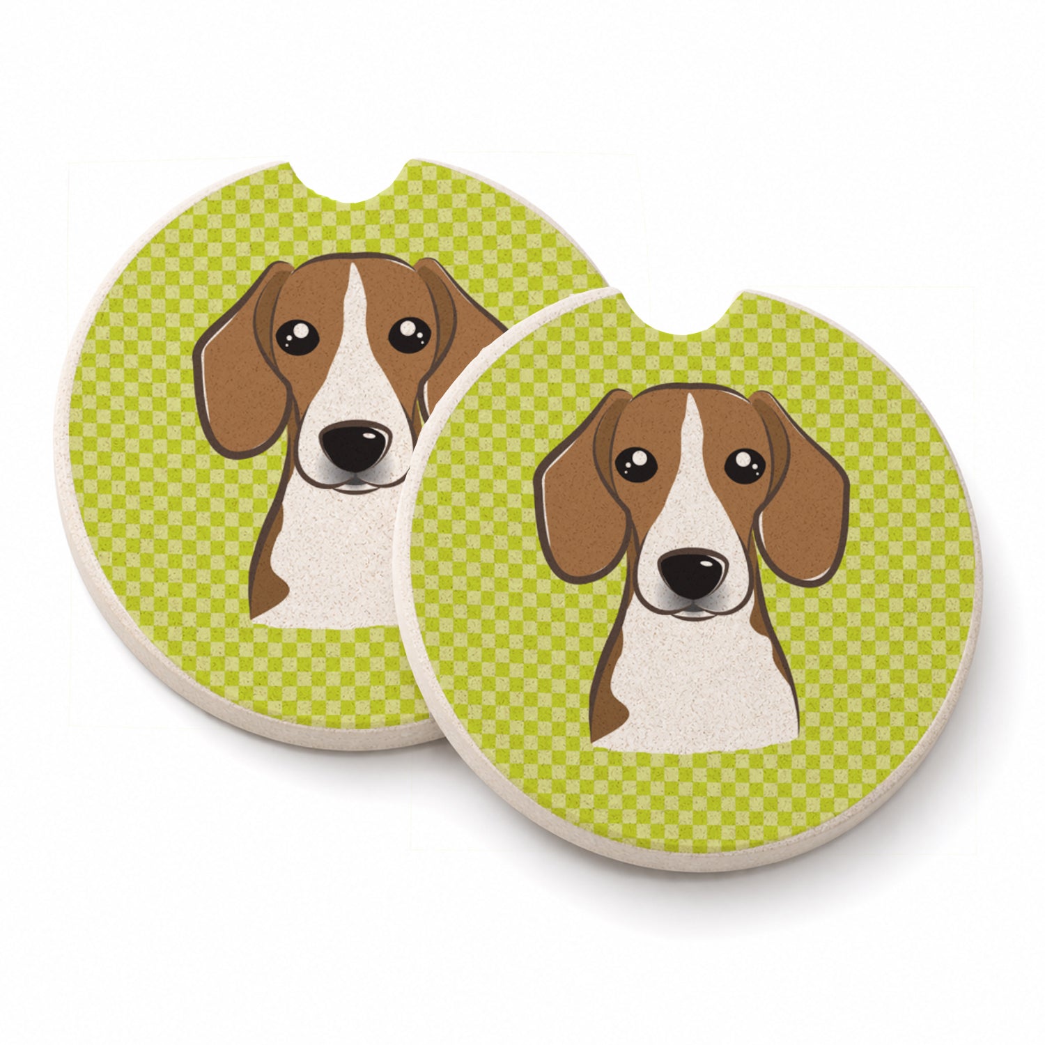 Checkerboard Lime Green Beagle Set of 2 Cup Holder Car Coasters Absorbent Round Sandstone Coasters Gifts for Men or Women, 2.5, Multicolor