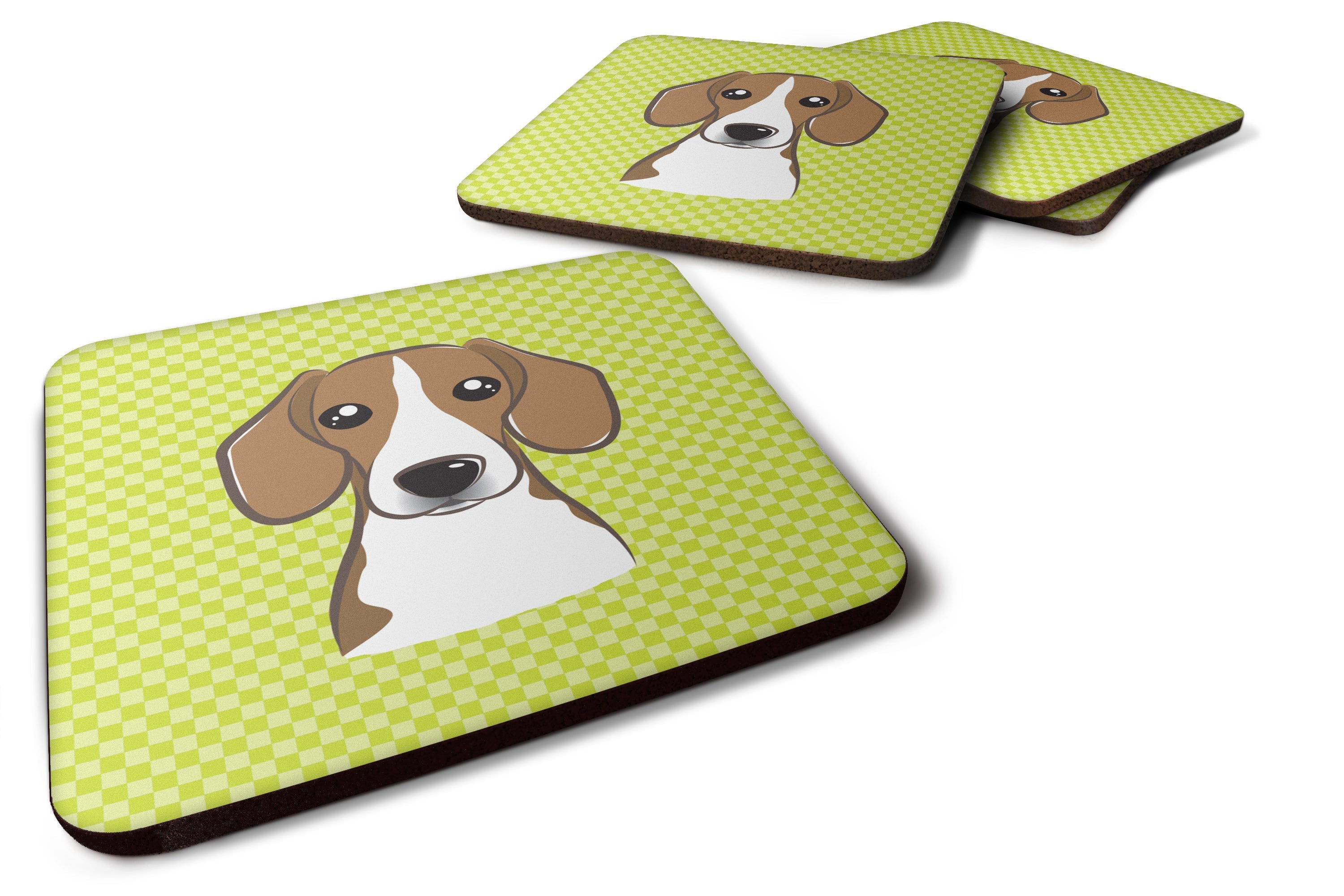 Checkerboard Lime Green Beagle Foam Coasters Set of 4 Cup Coasters for Indoor Outdoor, Tabletop Protection, Anti Slip, Mouse pad Material