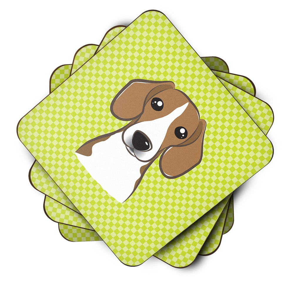 Checkerboard Lime Green Beagle Foam Coasters Set of 4 Cup Coasters for Indoor Outdoor, Tabletop Protection, Anti Slip, Mouse pad Material