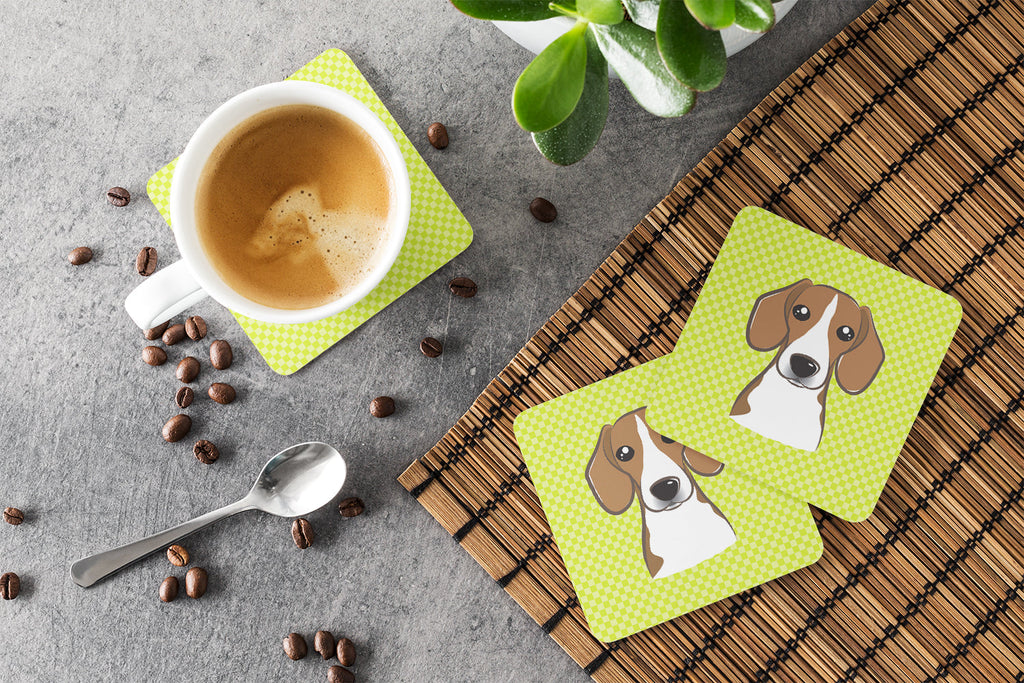 Checkerboard Lime Green Beagle Foam Coasters Set of 4 Cup Coasters for Indoor Outdoor, Tabletop Protection, Anti Slip, Mouse pad Material