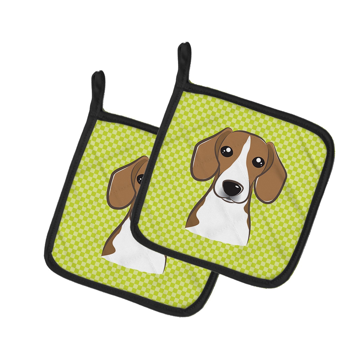 Checkerboard Lime Green Beagle Pot Holder Set of 2 Heat Resistant Quilted Hot Pads 7.5 x 7.5 Inch, Insulated Kitchen Trivets for Cooking & Baking