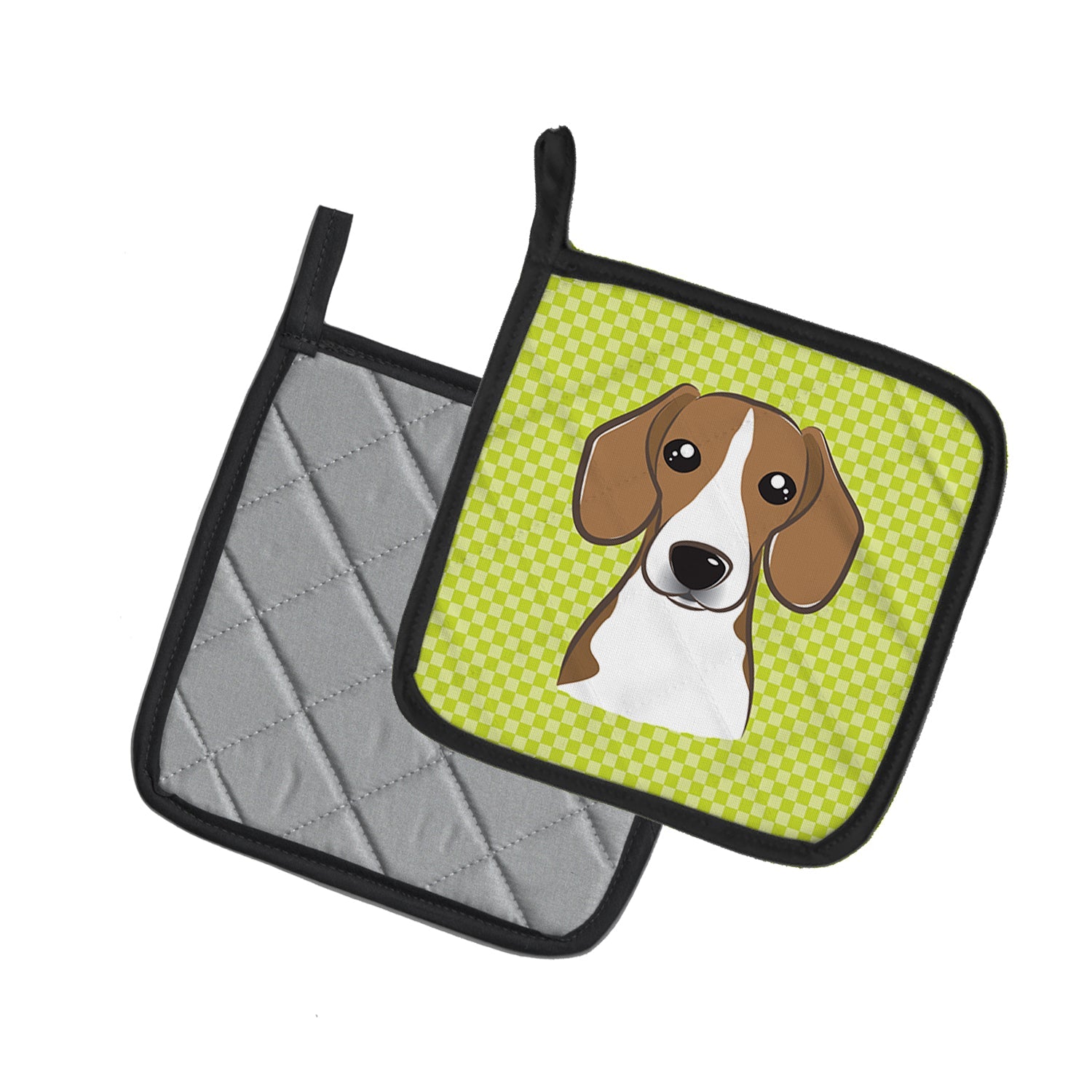 Checkerboard Lime Green Beagle Pot Holder Set of 2 Heat Resistant Quilted Hot Pads 7.5 x 7.5 Inch, Insulated Kitchen Trivets for Cooking & Baking