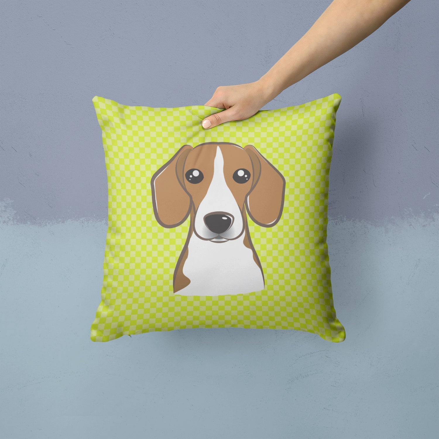 Checkerboard Lime Green Beagle Decorative Throw Pillow 14x14 Indoor Outdoor Accent Cushion, Fabric Cover with Insert for Sofa, Bed, Porch & Living Room