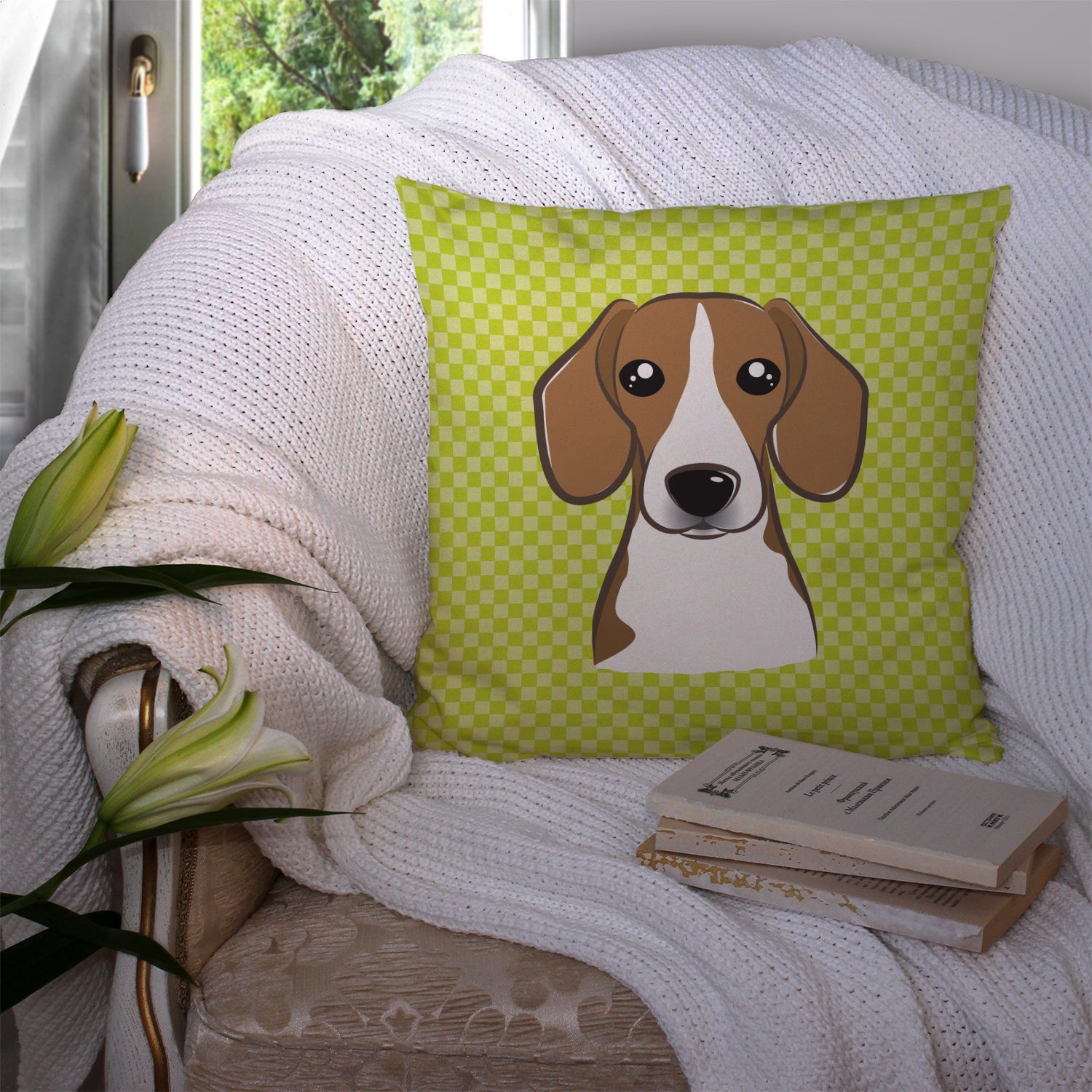 Checkerboard Lime Green Beagle Decorative Throw Pillow 14x14 Indoor Outdoor Accent Cushion, Fabric Cover with Insert for Sofa, Bed, Porch & Living Room