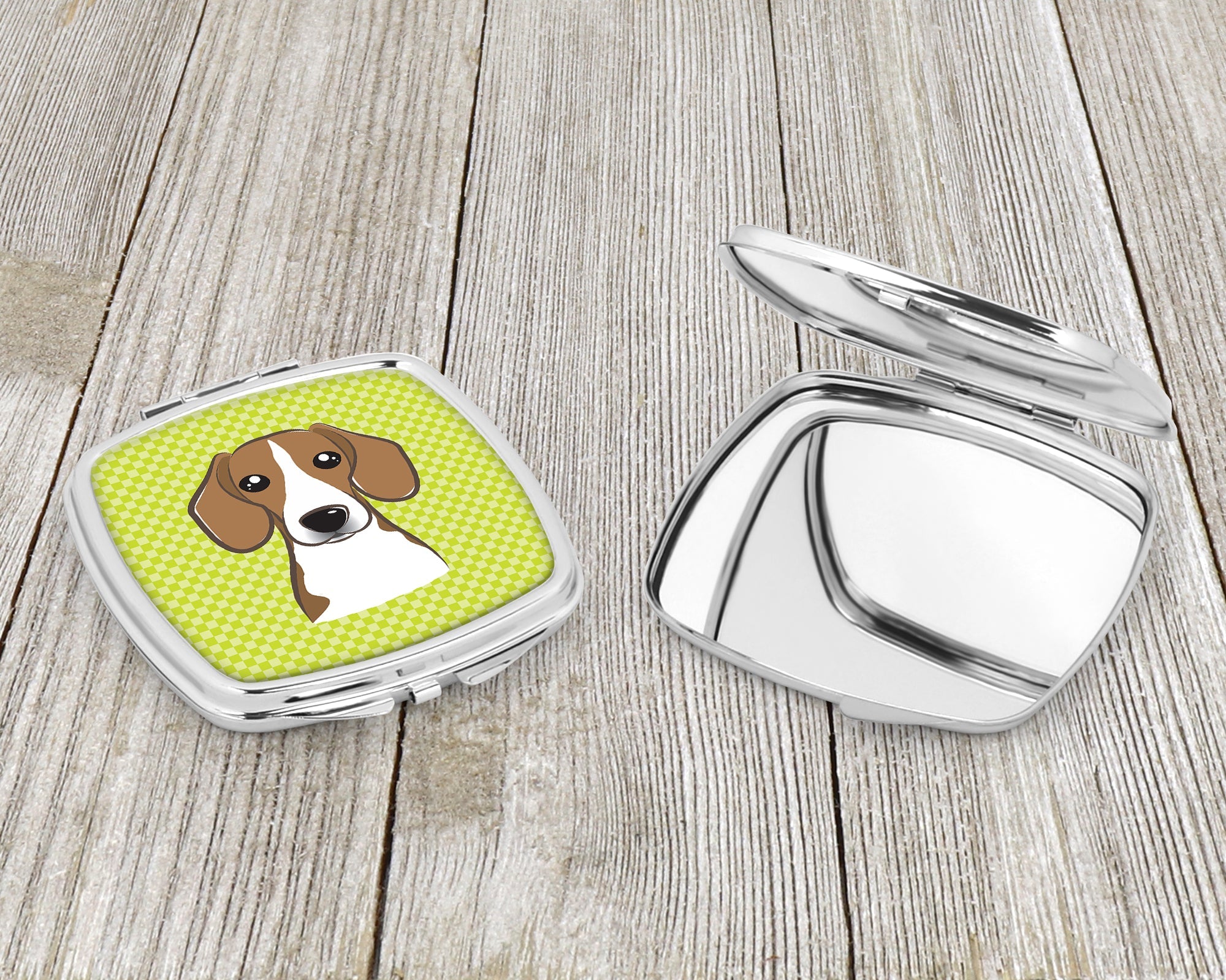Checkerboard Lime Green Beagle Compact Mirror Decorative Travel Makeup Mirror for Women Girls Gifts Pocket Makeup Mirror Folding Handheld