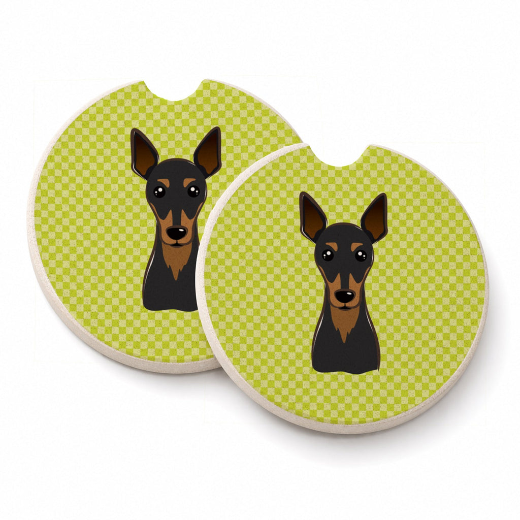 Checkerboard Lime Green Min Pin Set of 2 Cup Holder Car Coasters Absorbent Round Sandstone Coasters Gifts for Men or Women, 2.5, Multicolor