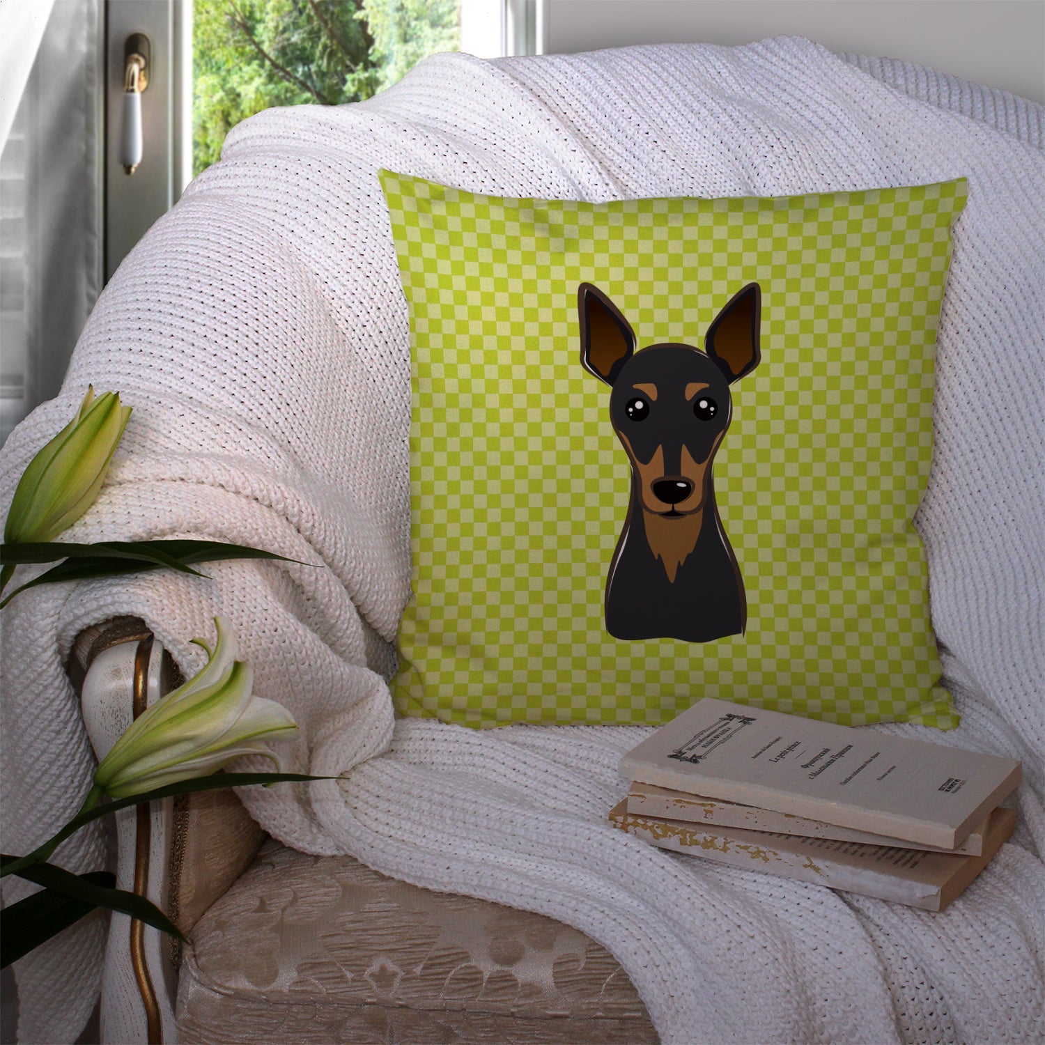Checkerboard Lime Green Min Pin Decorative Throw Pillow 14x14 Indoor Outdoor Accent Cushion, Fabric Cover with Insert for Sofa, Bed, Porch & Living Room