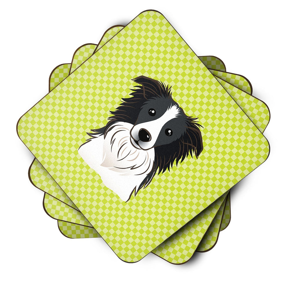 Checkerboard Lime Green Border Collie Foam Coasters Set of 4 Cup Coasters for Indoor Outdoor, Tabletop Protection, Anti Slip, Mouse pad Material