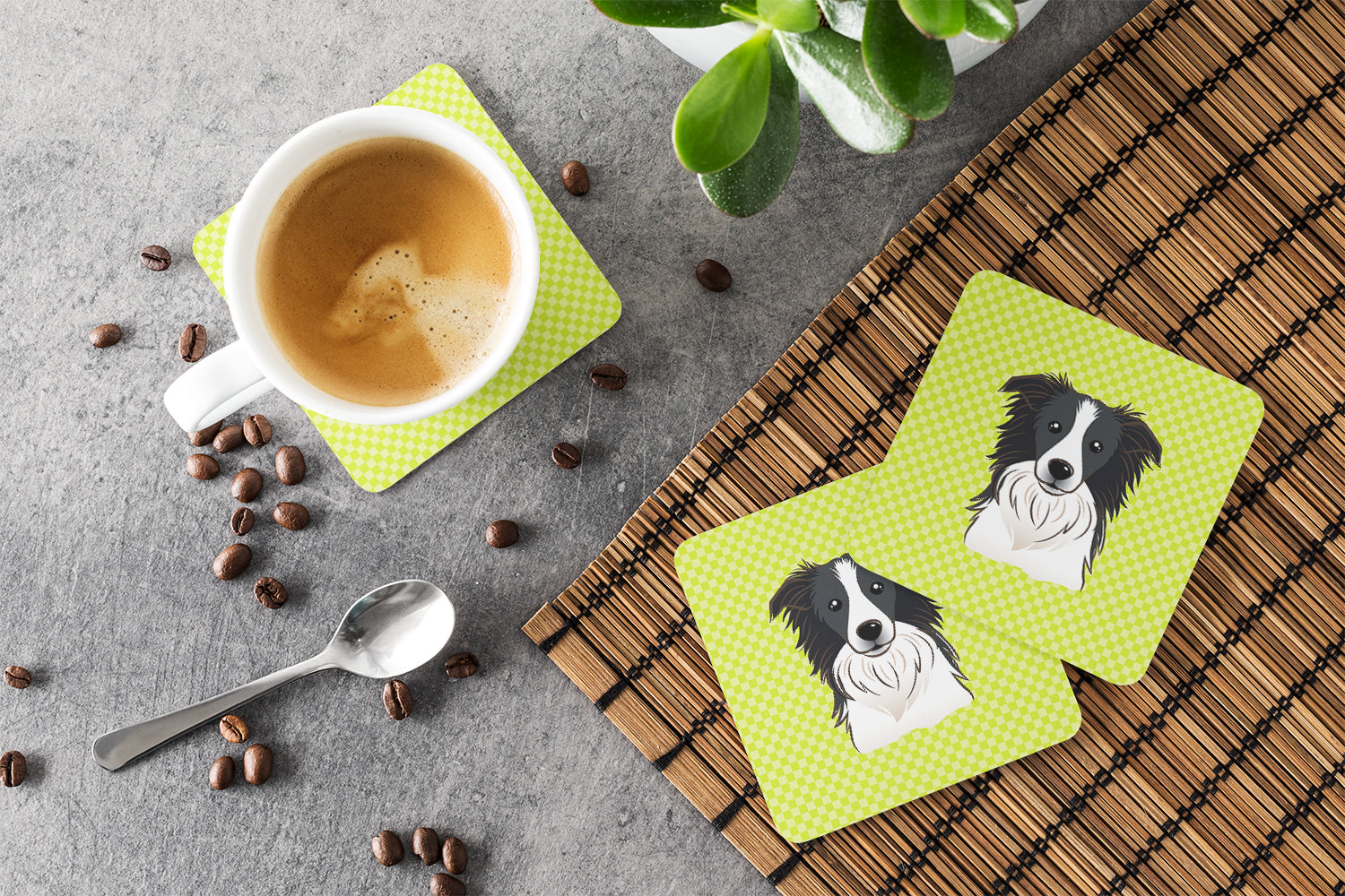Checkerboard Lime Green Border Collie Foam Coasters Set of 4 Cup Coasters for Indoor Outdoor, Tabletop Protection, Anti Slip, Mouse pad Material