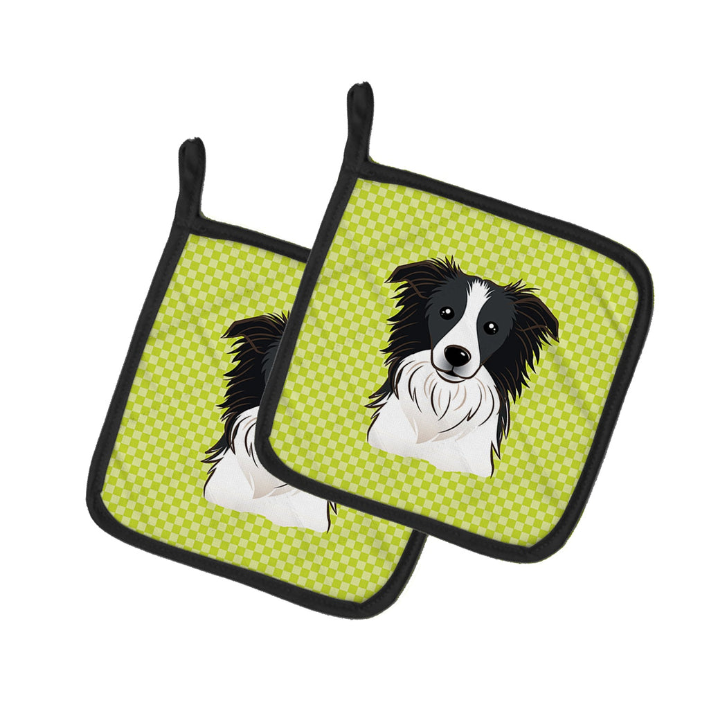 Checkerboard Lime Green Border Collie Pot Holder Set of 2 Heat Resistant Quilted Hot Pads 7.5 x 7.5 Inch, Insulated Kitchen Trivets for Cooking & Baking