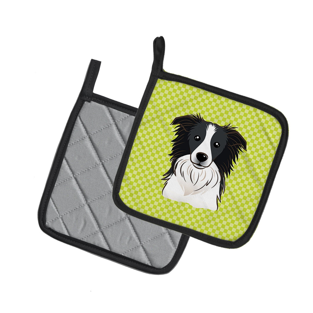 Checkerboard Lime Green Border Collie Pot Holder Set of 2 Heat Resistant Quilted Hot Pads 7.5 x 7.5 Inch, Insulated Kitchen Trivets for Cooking & Baking