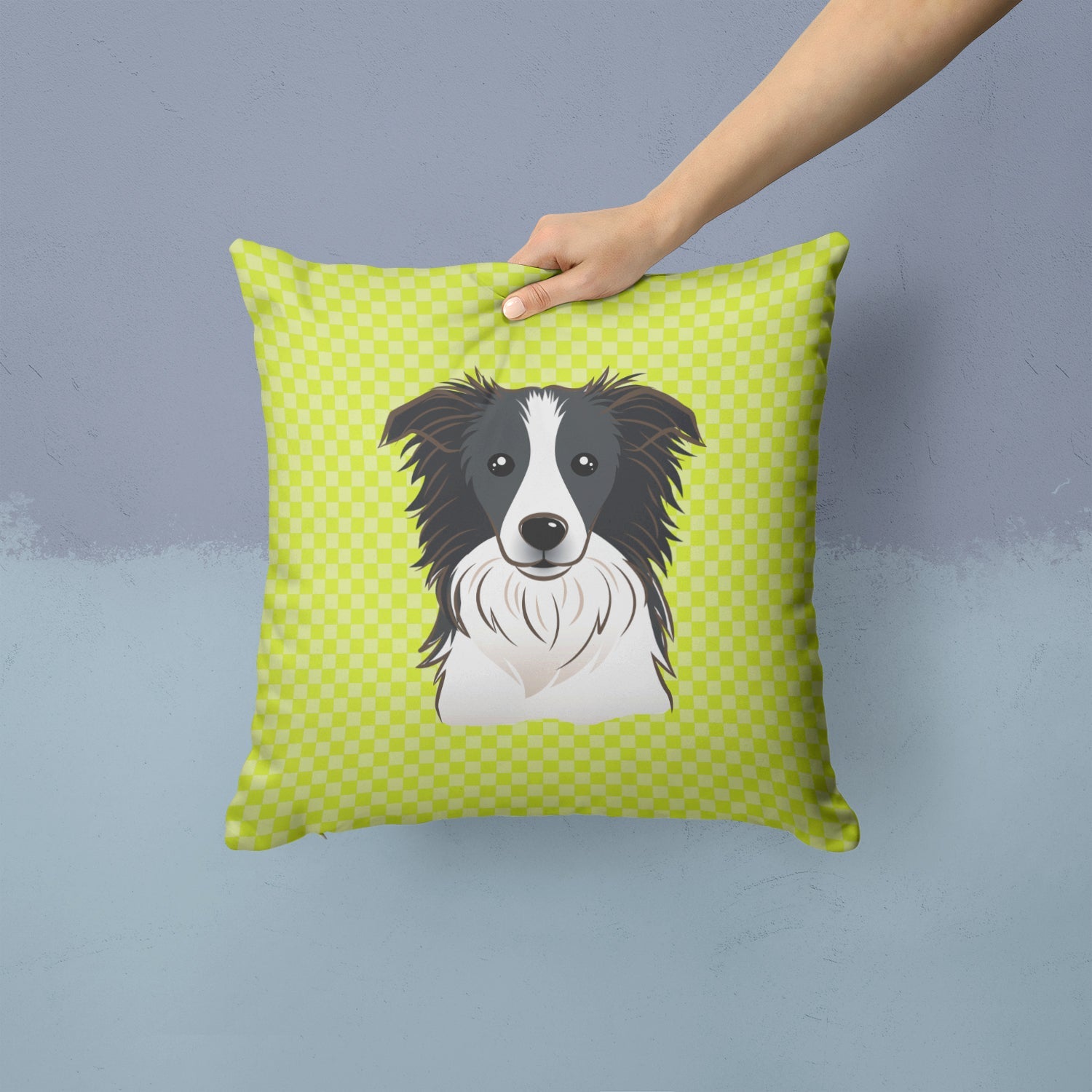 Checkerboard Lime Green Border Collie Decorative Throw Pillow 14x14 Indoor Outdoor Accent Cushion, Fabric Cover with Insert for Sofa, Bed, Porch & Living Room