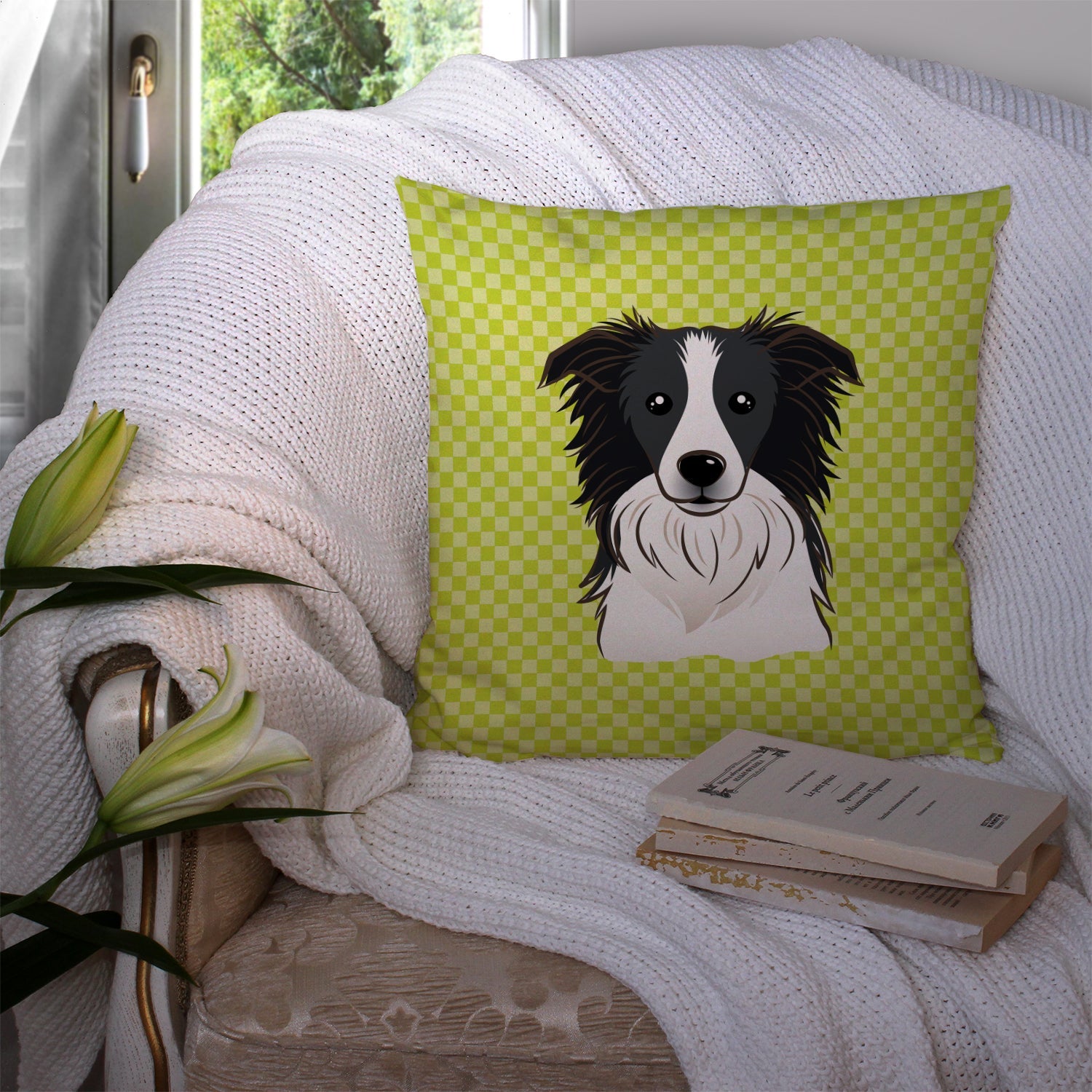 Checkerboard Lime Green Border Collie Decorative Throw Pillow 14x14 Indoor Outdoor Accent Cushion, Fabric Cover with Insert for Sofa, Bed, Porch & Living Room