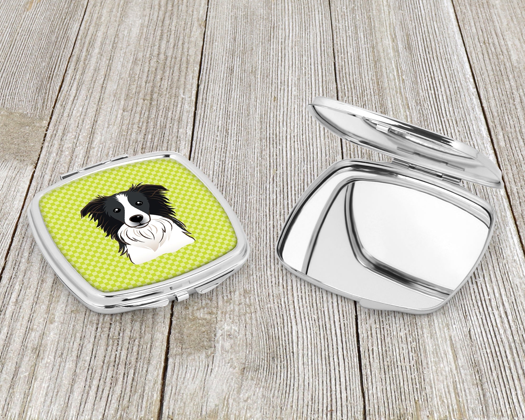 Checkerboard Lime Green Border Collie Compact Mirror Decorative Travel Makeup Mirror for Women Girls Gifts Pocket Makeup Mirror Folding Handheld