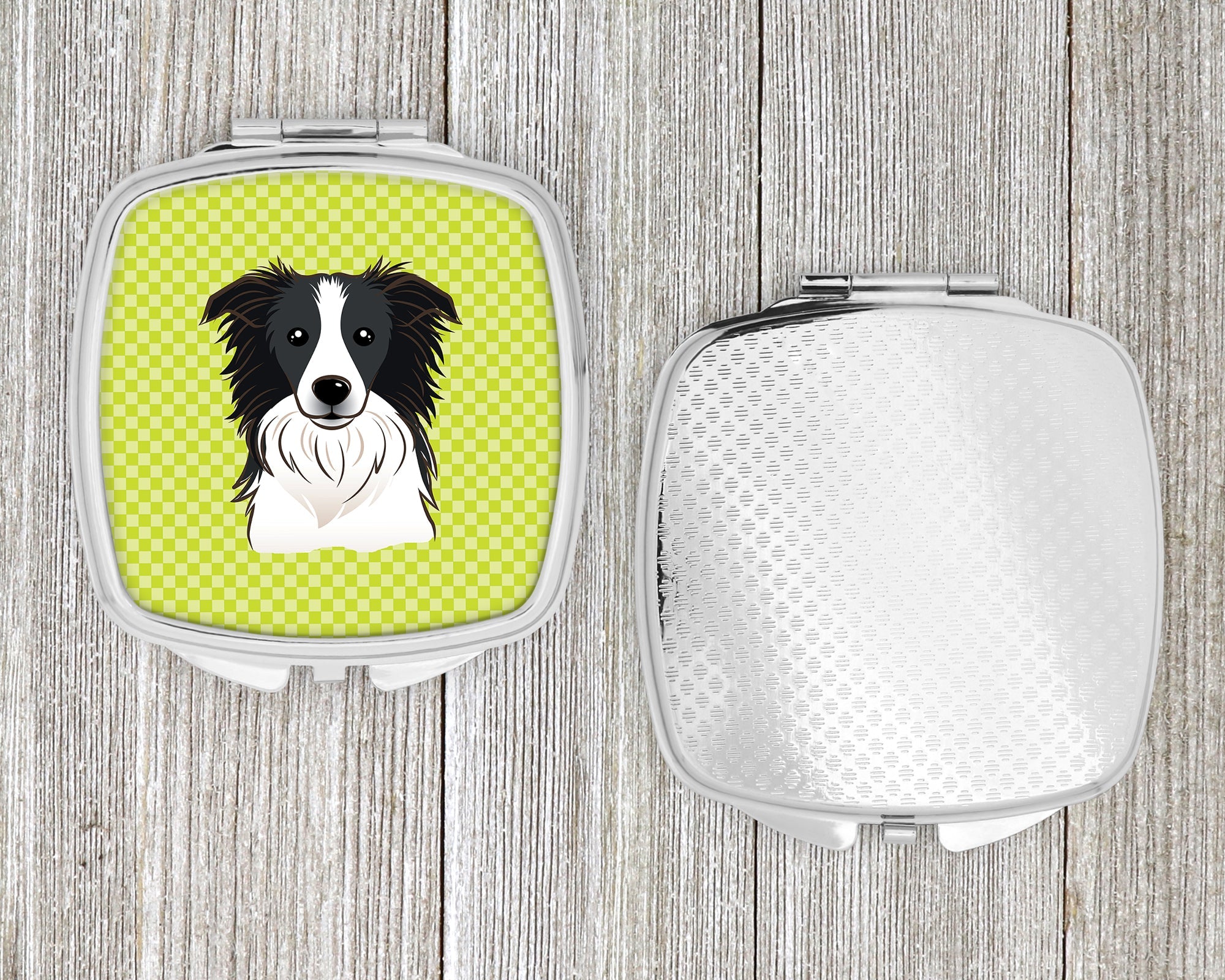 Checkerboard Lime Green Border Collie Compact Mirror Decorative Travel Makeup Mirror for Women Girls Gifts Pocket Makeup Mirror Folding Handheld