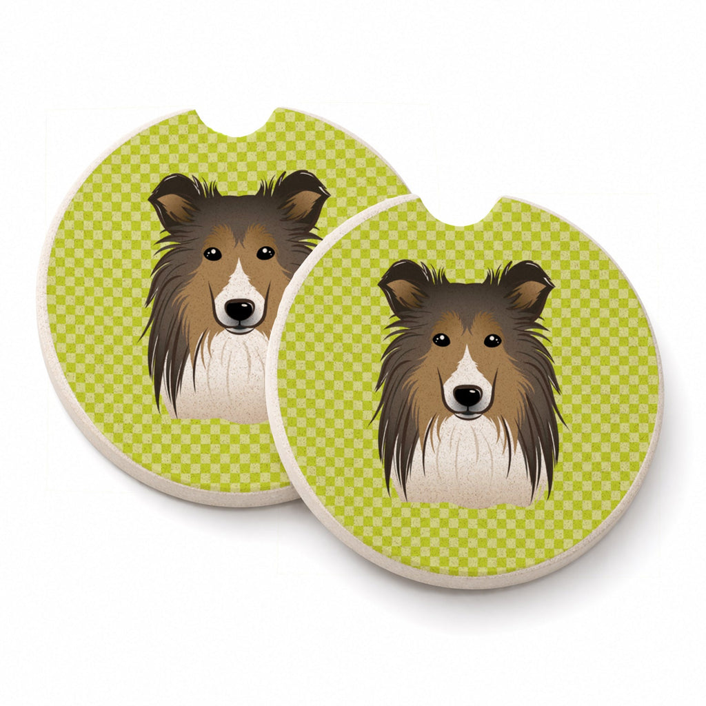 Checkerboard Lime Green Sheltie Set of 2 Cup Holder Car Coasters Absorbent Round Sandstone Coasters Gifts for Men or Women, 2.5, Multicolor