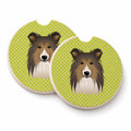 Checkerboard Lime Green Sheltie Set of 2 Cup Holder Car Coasters Absorbent Round Sandstone Coasters Gifts for Men or Women, 2.5, Multicolor
