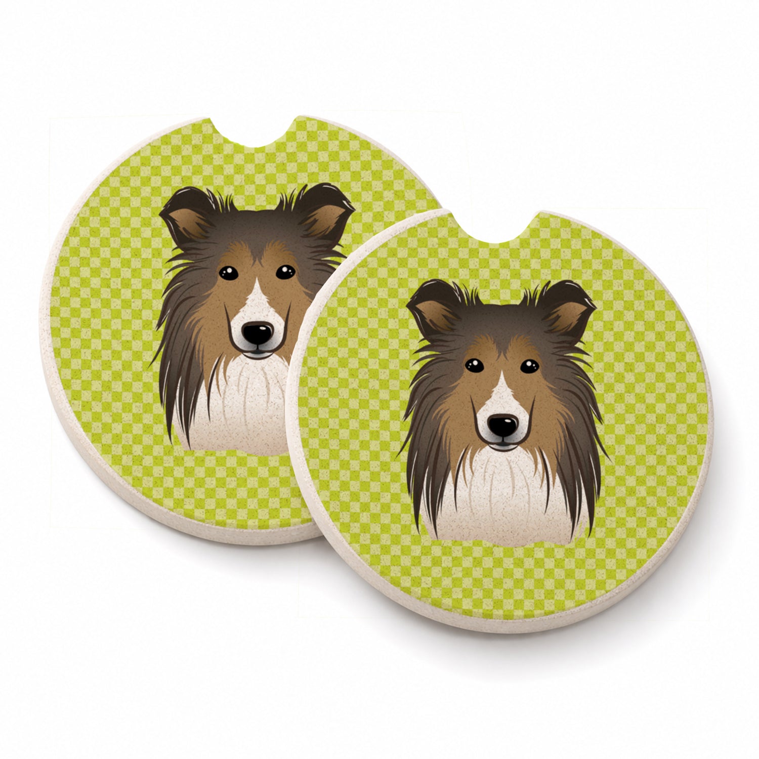 Checkerboard Lime Green Sheltie Set of 2 Cup Holder Car Coasters Absorbent Round Sandstone Coasters Gifts for Men or Women, 2.5, Multicolor