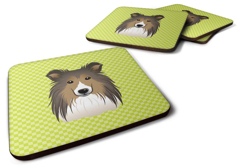 Checkerboard Lime Green Sheltie Foam Coasters Set of 4 Cup Coasters for Indoor Outdoor, Tabletop Protection, Anti Slip, Mouse pad Material