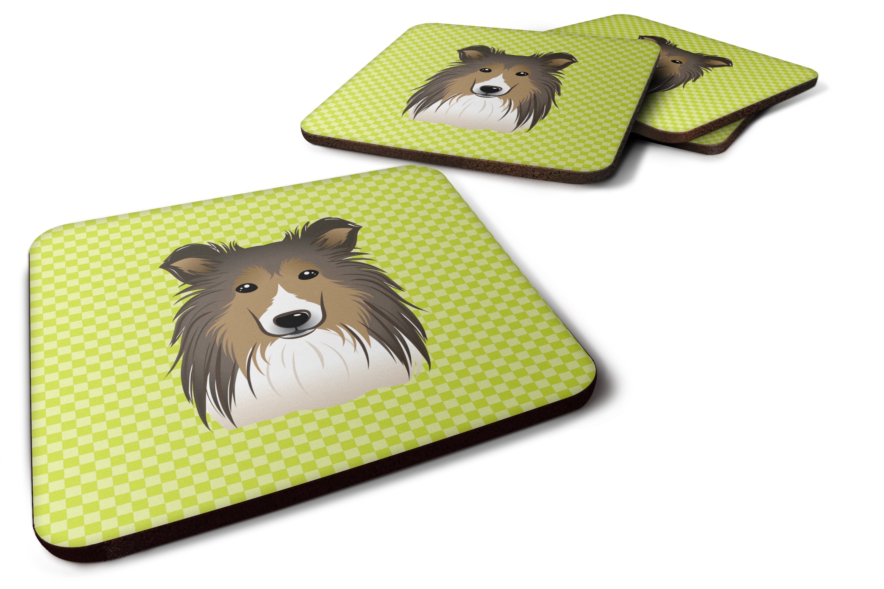 Checkerboard Lime Green Sheltie Foam Coasters Set of 4 Cup Coasters for Indoor Outdoor, Tabletop Protection, Anti Slip, Mouse pad Material